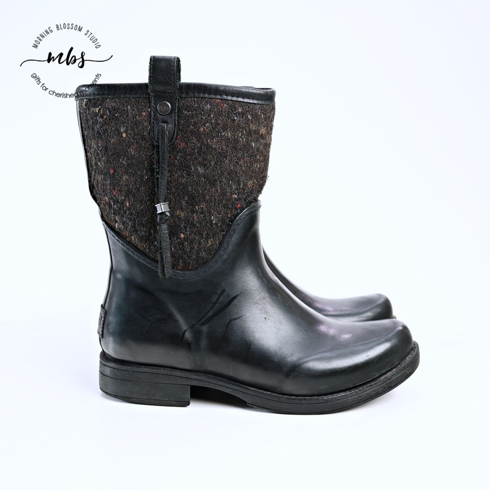 UGG Stephanson Tweed Waterproof Rubber Mid Rain Boots Black Women‎ 6